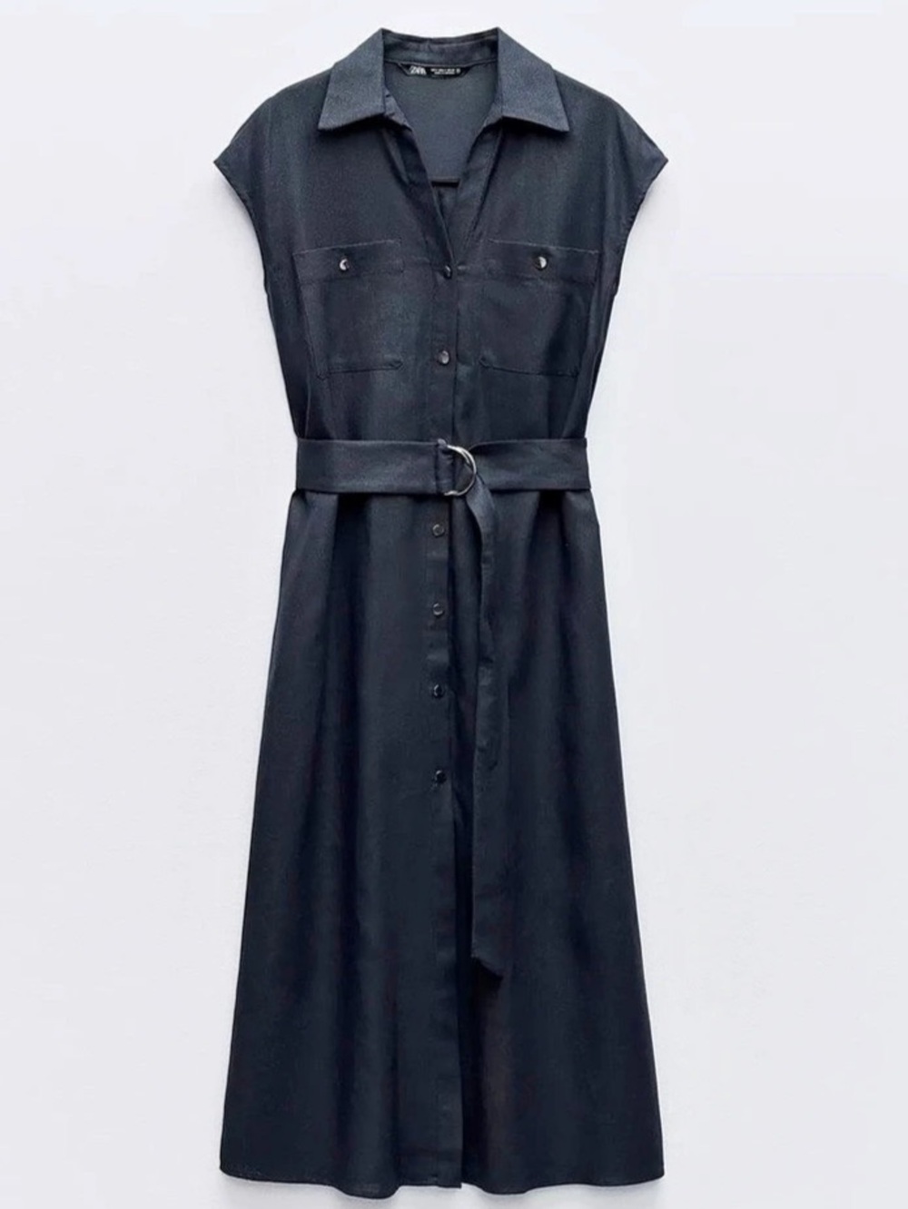 Zara Linen Blend Midi Shirt Dress in Navy Blue